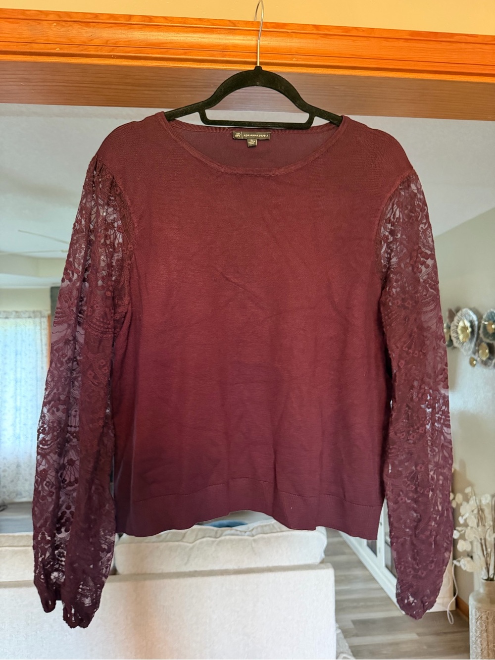 Adrianna Papell Burgundy Lace-Sleeve Crewneck Sweater